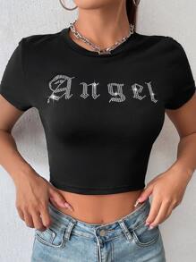 Chiquease Camiseta corta con estampado gráfico de letras, camisetas gráficas para mujer - Negro - Ver 5