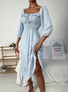 Chiquease Tie Front Ruffle Trim Flounce Hem Dress - Baby Blue - View 5