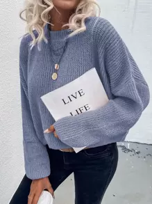 SHEIN LUNE Solid Batwing Sleeve Oversized Jumper - Baby Blue - View 3