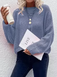 SHEIN LUNE Solid Batwing Sleeve Oversized Jumper - Baby Blue - View 4