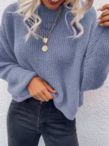 SHEIN LUNE Solid Batwing Sleeve Oversized Jumper - Baby Blue - View 5