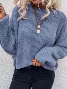 SHEIN LUNE Solid Batwing Sleeve Oversized Jumper - Baby Blue - View 6