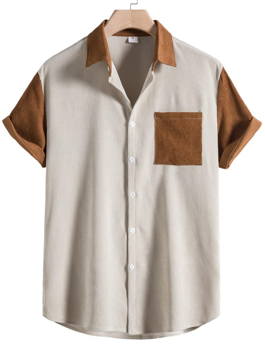 ROMWE MEN Guys Colorblock Curved Hem Shirt - Beige - View 1