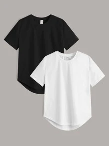SHEIN Tween Boy 2pcs Curved Hem Tee - Black and White - View 1
