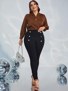Plus Fake Button Seam Detail Skinny Trousers - Black - View 3