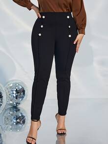 Plus Fake Button Seam Detail Skinny Trousers - Black - View 4