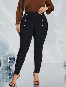 Plus Fake Button Seam Detail Skinny Trousers - Black - View 5