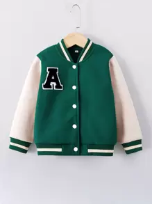 SHEIN Toddler Boy Jackets Đắp vá Nút phía trước Khối Màu Lá thư Sẵn sàng - Màu xanh lá cây đậm - Xem 1