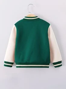 SHEIN Toddler Boy Jackets Đắp vá Nút phía trước Khối Màu Lá thư Sẵn sàng - Màu xanh lá cây đậm - Xem 2