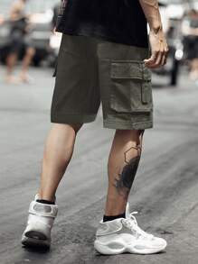 Manfinity Homme Hombres Shorts de cintura con cordón cargo - Verde militar - Ver 2