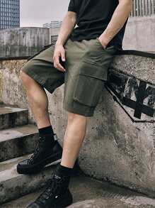 Manfinity Homme Hombres Shorts de cintura con cordón cargo - Verde militar - Ver 3