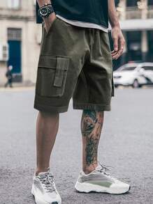 Manfinity Homme Hombres Shorts de cintura con cordón cargo - Verde militar - Ver 4