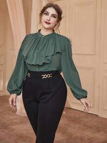 SHEIN LUNE Plus Lantern Sleeve Ruffle Trim Blouse - Dark Green - View 1