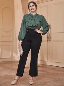 SHEIN LUNE Plus Lantern Sleeve Ruffle Trim Blouse - Dark Green - View 3