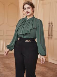 SHEIN LUNE Plus Lantern Sleeve Ruffle Trim Blouse - Dark Green - View 4
