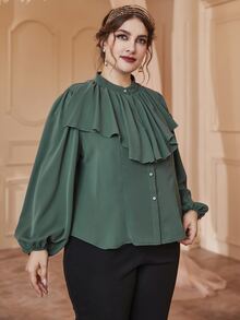 SHEIN LUNE Plus Lantern Sleeve Ruffle Trim Blouse - Dark Green - View 5