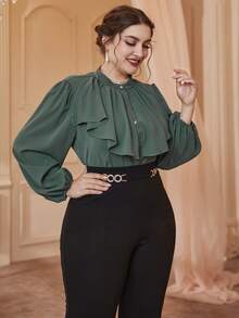 SHEIN LUNE Plus Lantern Sleeve Ruffle Trim Blouse - Dark Green - View 6