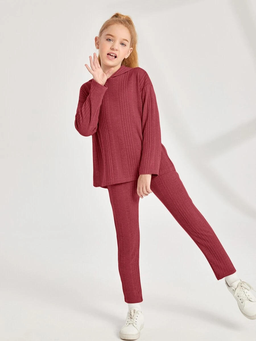 SHEIN Girls Drop Shoulder Hooded Tee & Trousers - Burgundy - View 1