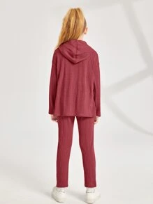 SHEIN Girls Drop Shoulder Hooded Tee & Trousers - Burgundy - View 2