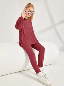 SHEIN Girls Drop Shoulder Hooded Tee & Trousers - Burgundy - View 3