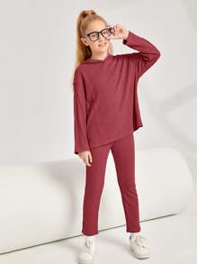 SHEIN Girls Drop Shoulder Hooded Tee & Trousers - Burgundy - View 4