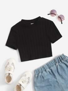 SHEIN Top de punto de manga corta y cuello alzado de unicolor para niña preadolescente en verano - Negro - Ver 1