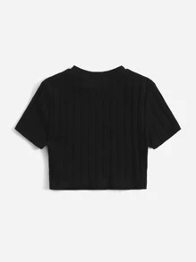 SHEIN Top de punto de manga corta y cuello alzado de unicolor para niña preadolescente en verano - Negro - Ver 2