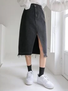 DAZY Váy denim nữ Hem thô Tách cao màu trơn - màu đen - Xem 1