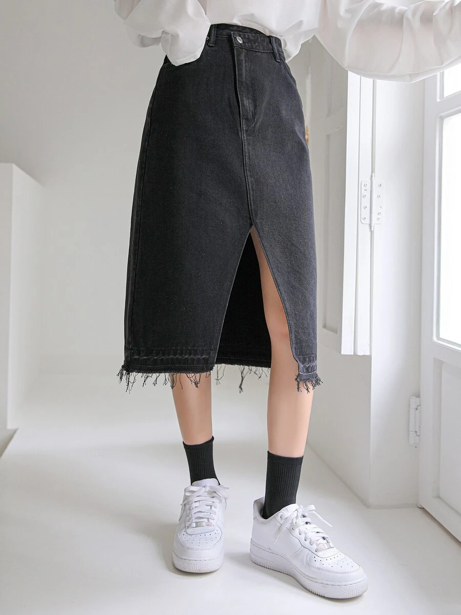 DAZY Váy denim nữ Hem thô Tách cao màu trơn - màu đen - Xem 1