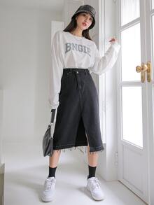 DAZY Váy denim nữ Hem thô Tách cao màu trơn - màu đen - Xem 3