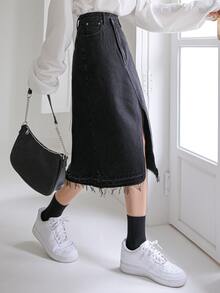 DAZY Váy denim nữ Hem thô Tách cao màu trơn - màu đen - Xem 4