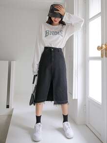 DAZY Váy denim nữ Hem thô Tách cao màu trơn - màu đen - Xem 5