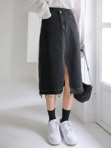 DAZY Váy denim nữ Hem thô Tách cao màu trơn - màu đen - Xem 6