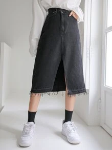 DAZY Váy denim nữ Hem thô Tách cao màu trơn - màu đen - Xem 7