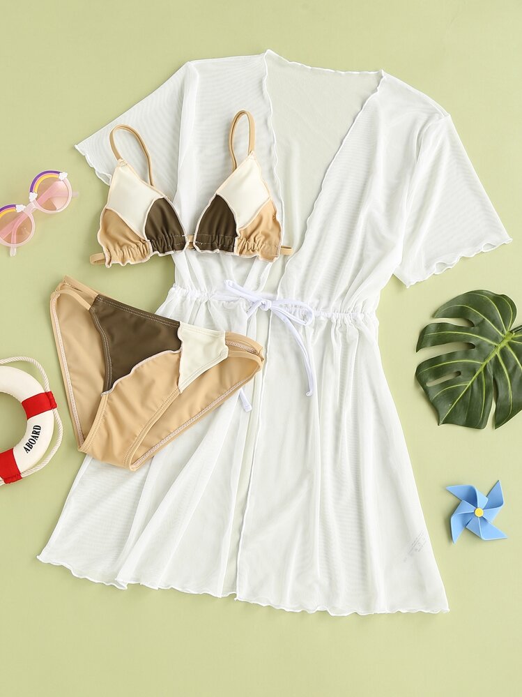 3packs Tween Girl Color Block Bikini Set & Kimono Summer Beach - Multicolor - View 1