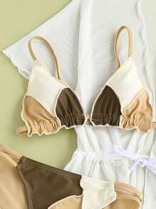 3packs Tween Girl Color Block Bikini Set & Kimono Summer Beach - Multicolor - View 3