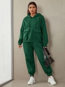 CovetEZ Bộ thời trang Plus Size Dây kéo Túi màu trơn Giải trí - Màu xanh lá cây đậm - Xem 3