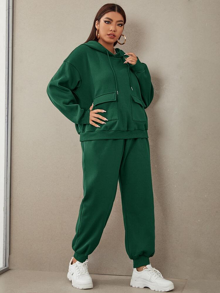 CovetEZ Bộ thời trang Plus Size Dây kéo Túi màu trơn Giải trí - Màu xanh lá cây đậm - Xem 5