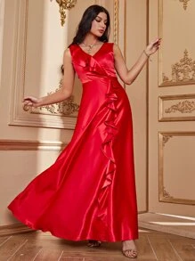 SHEIN Belle Váy phù dâu Xù màu trơn Hấp dẫn - Đỏ - Xem 1