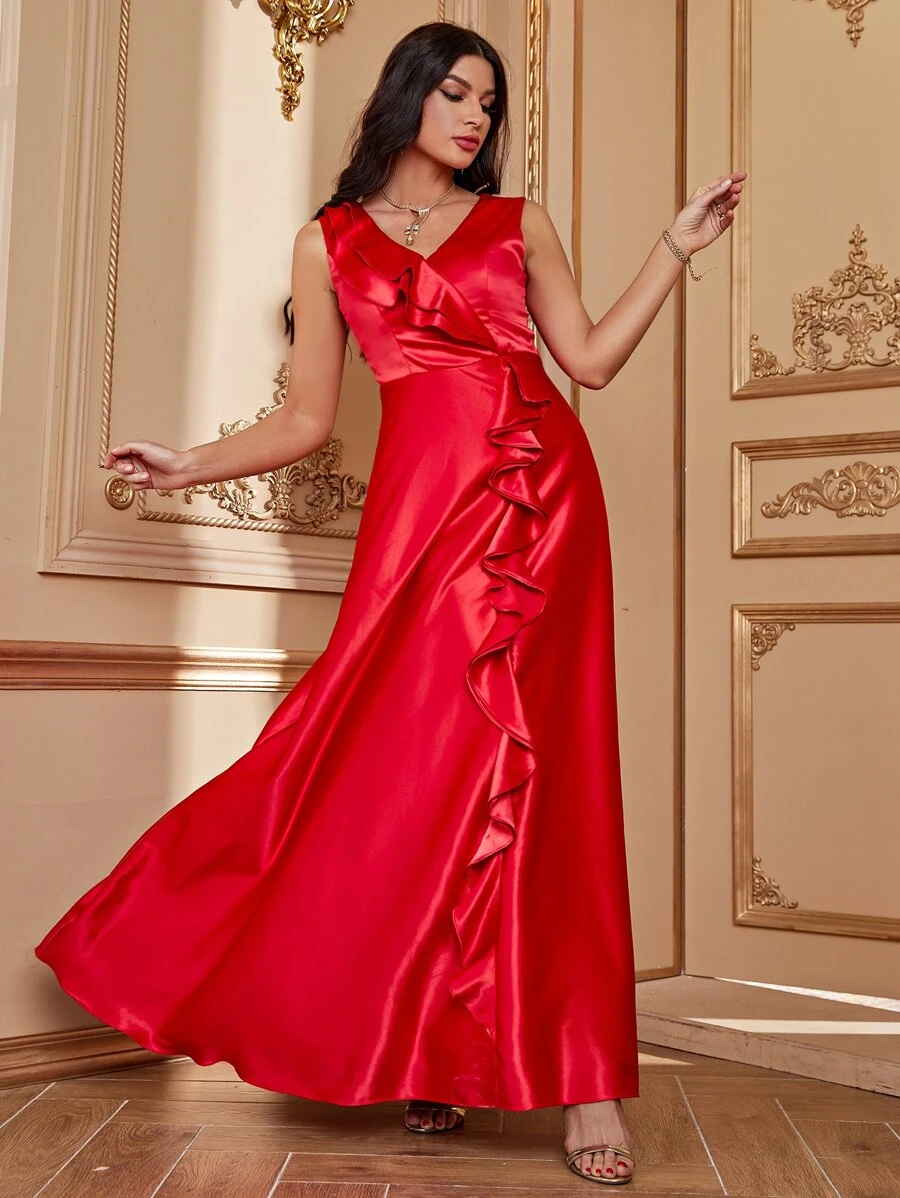 SHEIN Belle Váy phù dâu Xù màu trơn Hấp dẫn - Đỏ - Xem 1