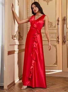 SHEIN Belle Váy phù dâu Xù màu trơn Hấp dẫn - Đỏ - Xem 4