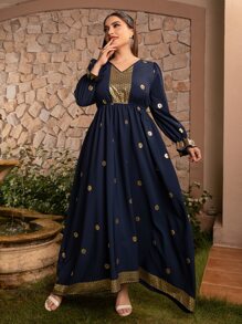 Al Najma Plus Size Gold Floral Print Flounce Sleeve Dress - Navy Blue - View 1