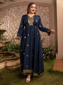 Al Najma Plus Size Gold Floral Print Flounce Sleeve Dress - Navy Blue - View 3