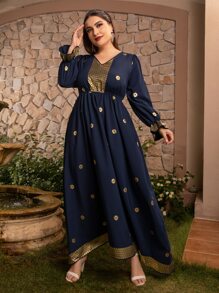 Al Najma Plus Size Gold Floral Print Flounce Sleeve Dress - Navy Blue - View 4