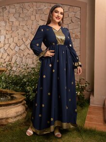 Al Najma Plus Size Gold Floral Print Flounce Sleeve Dress - Navy Blue - View 5