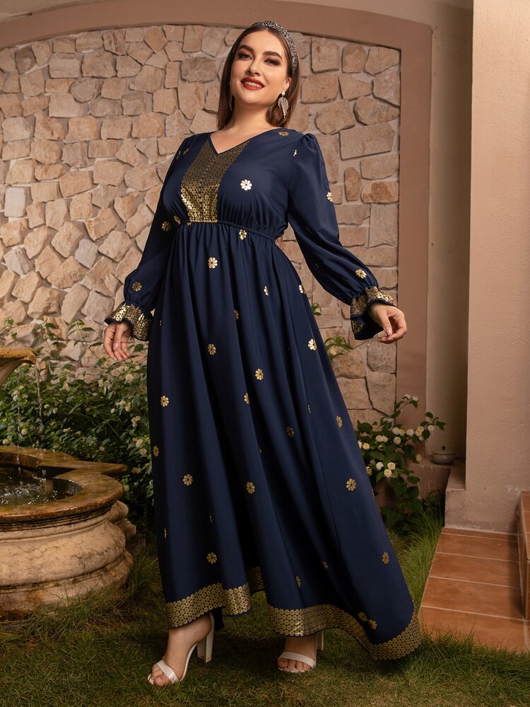 Al Najma 大码金色花卉印花荷叶边袖连衣裙 - 藏蓝色 - 查看 6