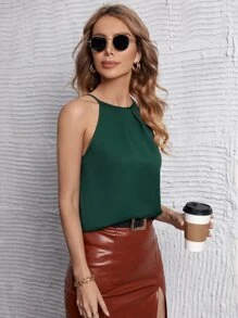 SHEIN Privé Top de tirantes unicolor fruncido con diseño - Verde Oscuro - Ver 3