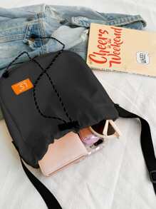 迷你字母貼片抽繩設計斜挎包，男女防水抽繩健身背包包，運動健身袋迷你旅行背包，繩包背包束緊防水尼龍適合健身房購物運動瑜伽黑色一號書包適合研究生，青少年女孩，大學、大學和高中新生、大二、初三和高中生，非常適合戶外、旅行和返校 - 黑色 - 查看 6
