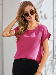 SHEIN LUNE Áo sơ mi nữ màu trơn Giải trí - Màu Hồng Tươi - Xem 5