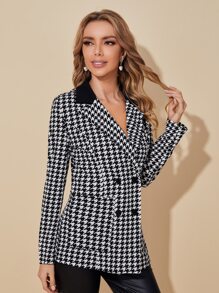 SHEIN Unity Áo khoác  âu phục nữ Túi Nút phía trước răng cưa Thanh lịch - Đen và trắng - Xem 5